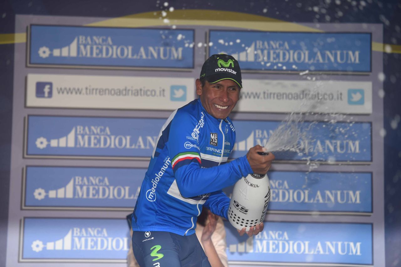 Nairo Quintana (Movistar) gets into his champagne spray