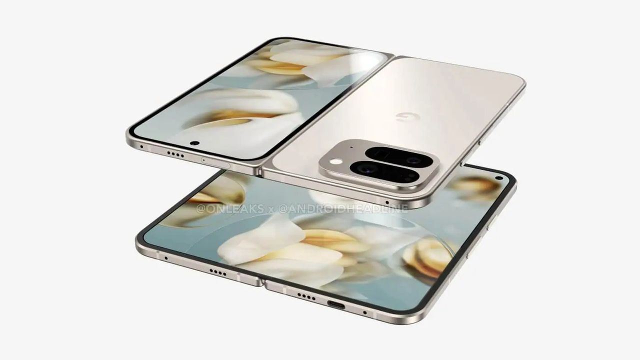 A leaked render of the Pixel 10 Pro Fold, which shows off its full internal display and rear camera housing, which hosts three lenses.