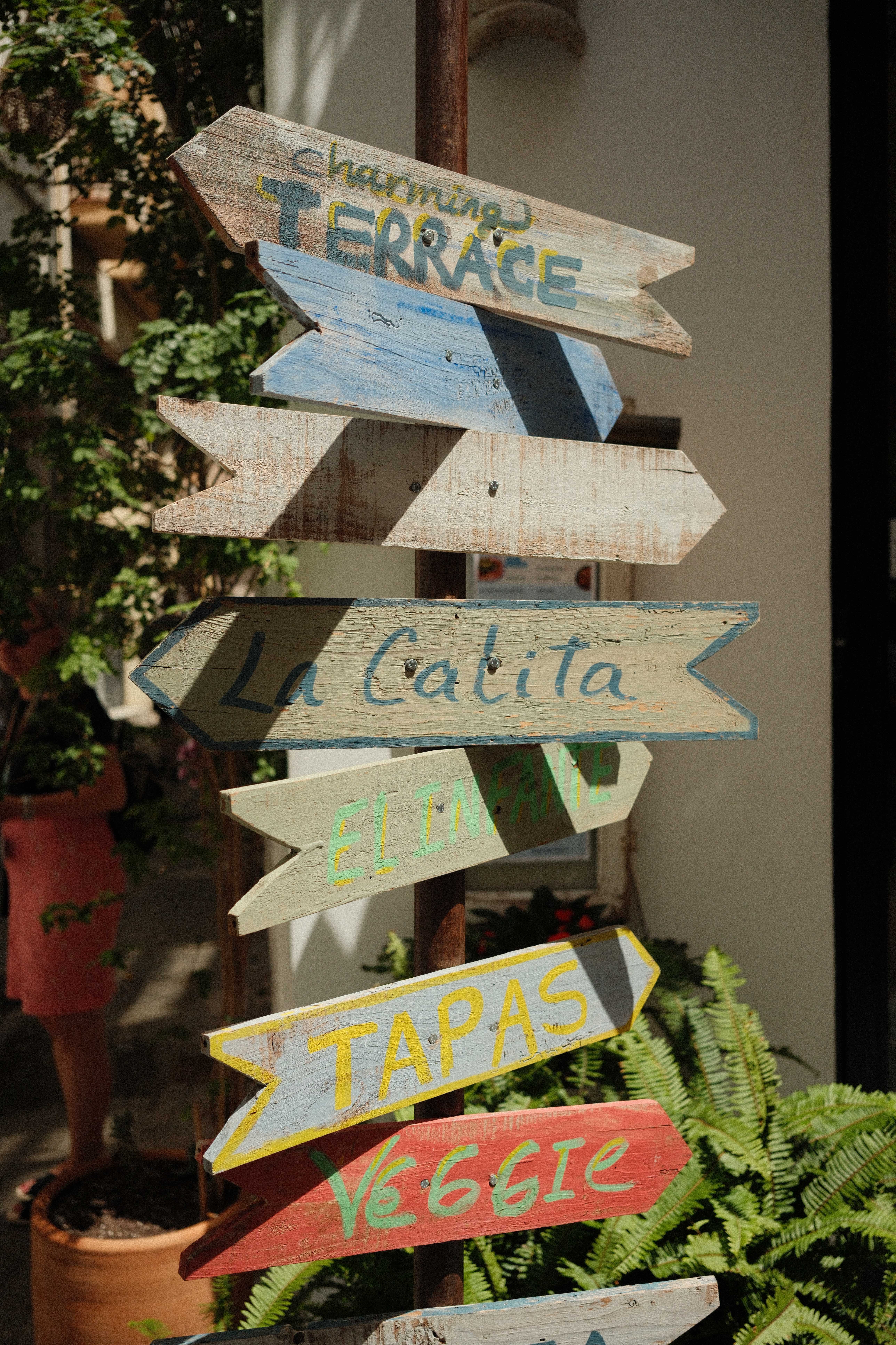 A street sign in Valencia Spain pointing to different restaurants and attractions