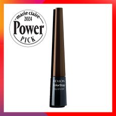 Brown revlon colorstay liquid eyeliner on white background with red, yellow, purple gradient frame with Marie Claire 2024 power pick stamp 