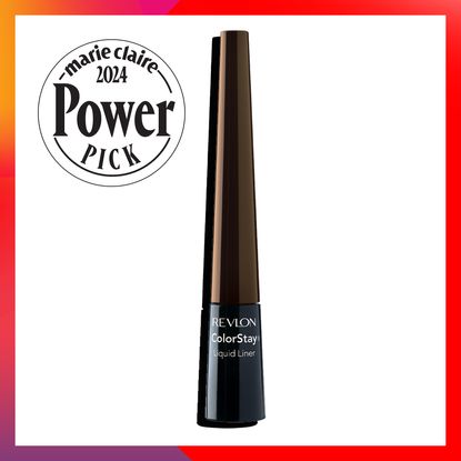 Brown revlon colorstay liquid eyeliner on white background with red, yellow, purple gradient frame with Marie Claire 2024 power pick stamp 