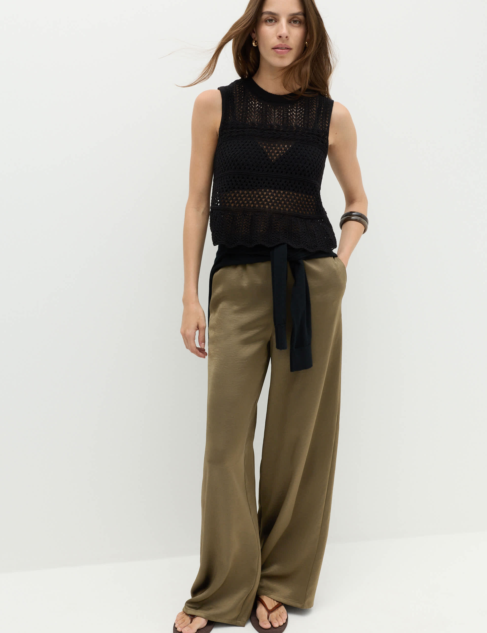 Satin Drawstring Wide Leg Trousers