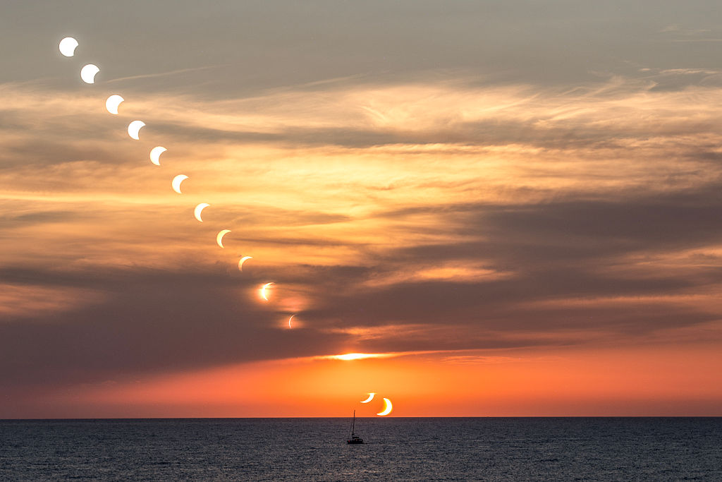 Multiexposure image edited in Photoshop of the view during the total solar eclipse sunset on the Mediterranean Sea of 2026, on August 12, in Port de Soller, Mallorca, Spain. (Photo by Gongora/NurPhoto)