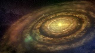 A protoplanetary disk contains the gassy and dusty material that gives rise to planets and their moons. A few planets have coalesced out of the disk in this artist’s impression.