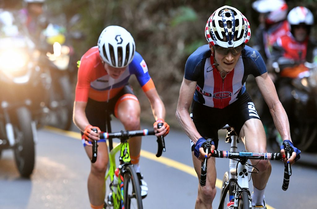 Mara Abbott (USA) with Annemiek van Vleuten (Netherlands) were leading the race on the final climb