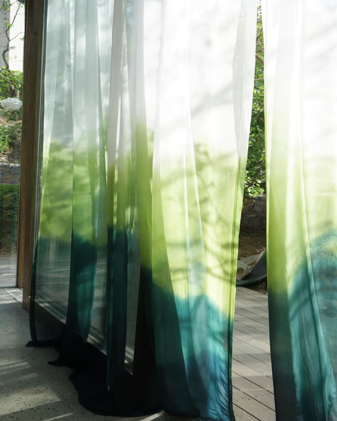 Pland and Hand Dyed Ombre Sheer Curtains in Green Blue Gradient.