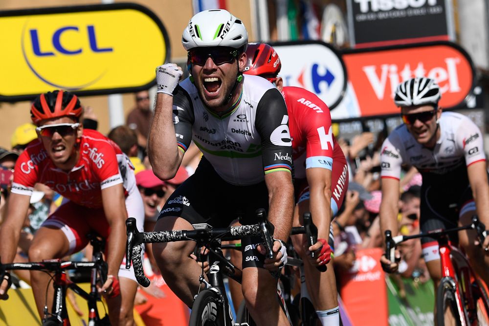Mark Cavendish reacts to winning stage 6 at the Tour de France.