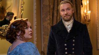 Nicola Coughlan as Penelope Featherington, Sam Phillips as Lord Debling in episode 303 of Bridgerton