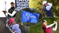 An LPGA flag and four female golfers