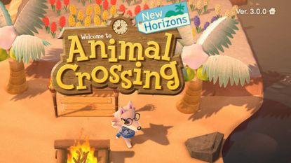Animal Crossing New Horizons start menu Ver 3.0.0 with logo and Fang walking on a beach