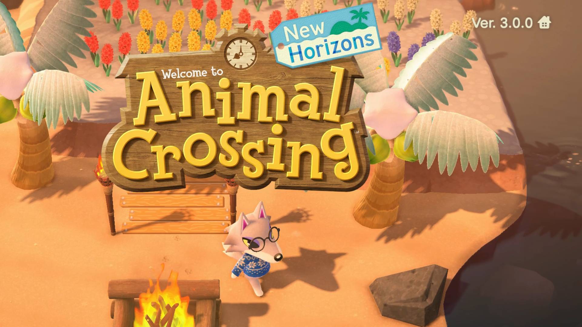 Animal Crossing New Horizons start menu Ver 3.0.0 with logo and Fang walking on a beach