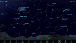 The SkySafari 5 app can highlight the set of Messier objects visible in your night sky, shown here for 7:30 p.m. local time in mid-October. Some, such as the Andromeda Galaxy, are better known by their proper names. If you tap a blue circle, you can summon more details, including the object's type, size and visual magnitude. About half of the 100 Messier objects are observable using binoculars.