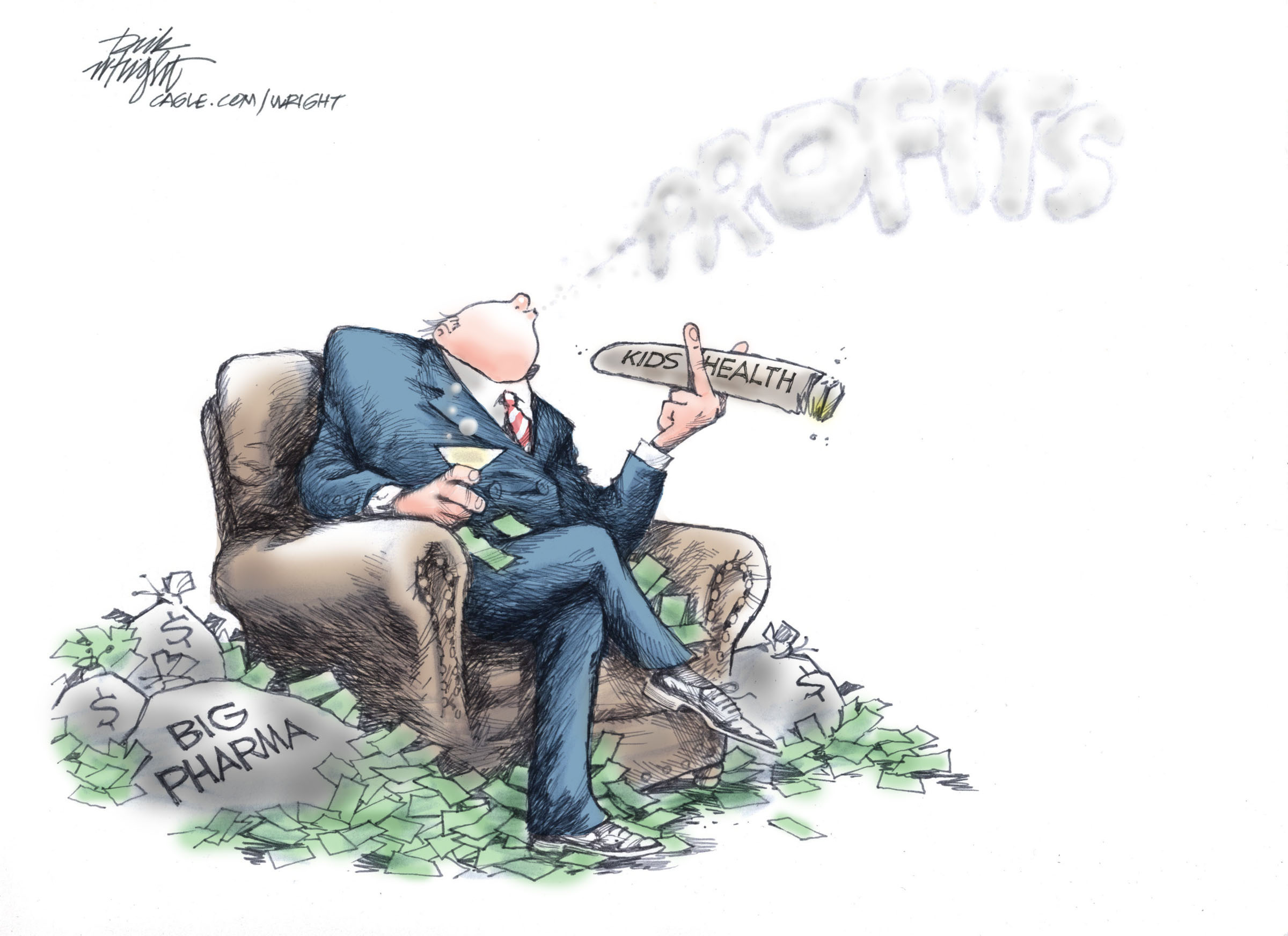 A wealthy-looking man in a suit reclines in an armchair, surrounded by piles of money bags labeled "BIG PHARMA" and scattered cash. He holds a martini glass in one hand and a lit cigar labeled "KIDS HEALTH" in the other. Smoke from the cigar spells out the word "PROFITS."
