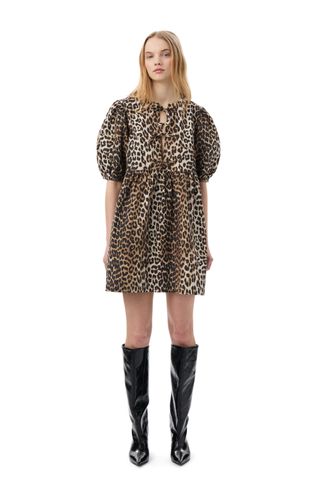 Leopard Printed Cotton Tie String Mini Dress