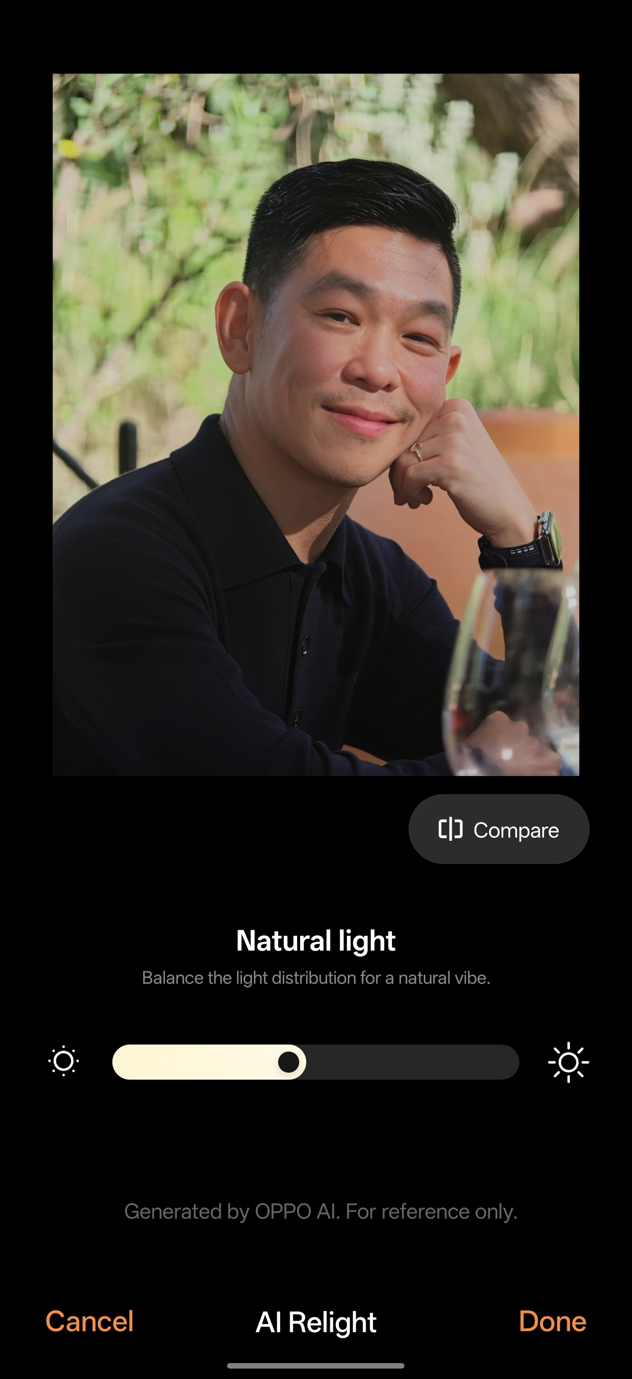 Screenshot of the AI relight feature in the Oppo Photos app correcting a portrait of a person