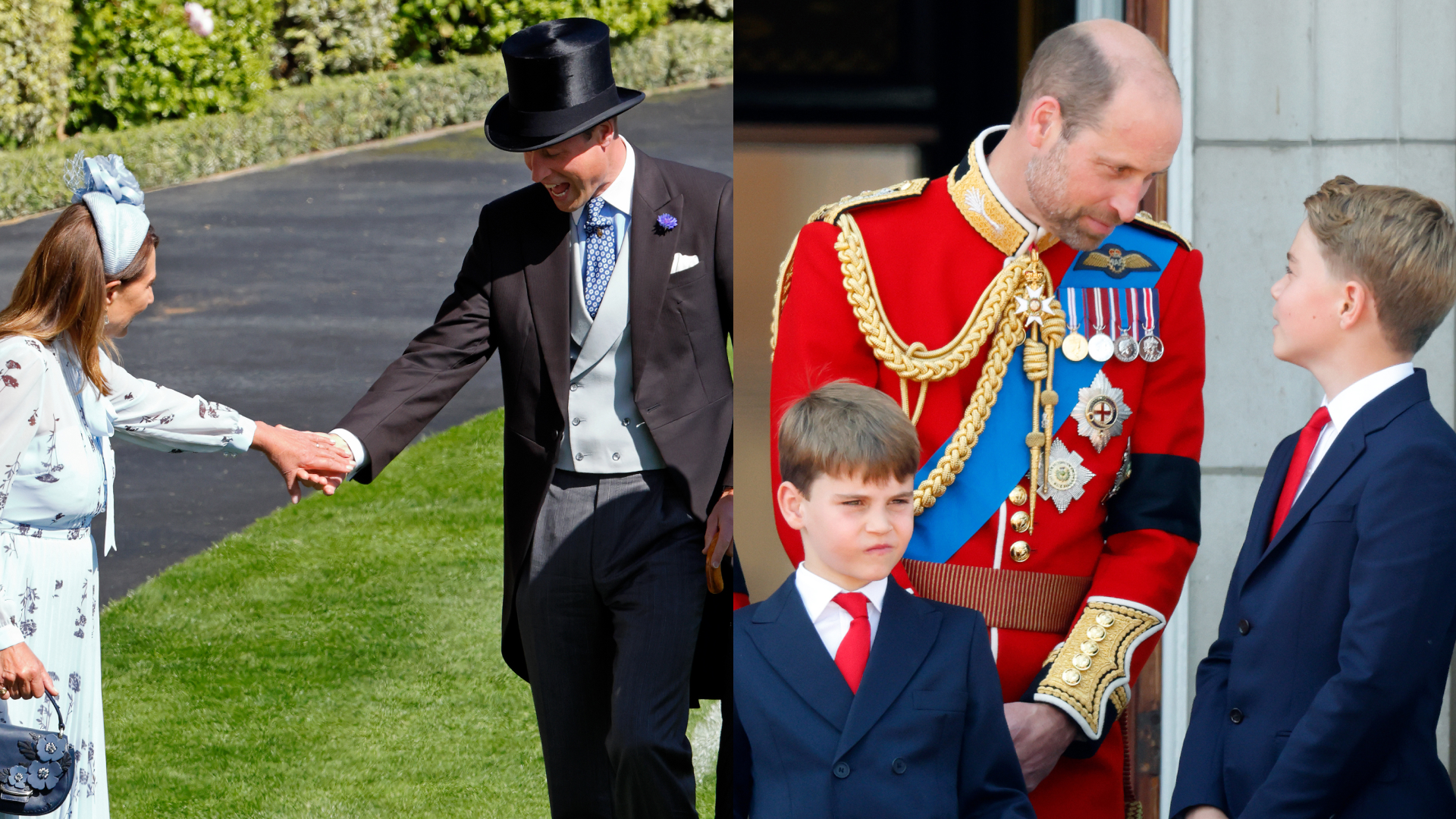 Prince William wearing a top hat and suit, holding hands with Carole Middleton; Prince William wearing a red uniform looking down at Prince George, who is smiling