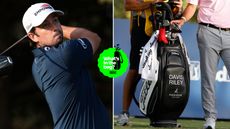 Davis Riley hits a driver off the tee, with a close up of his bag