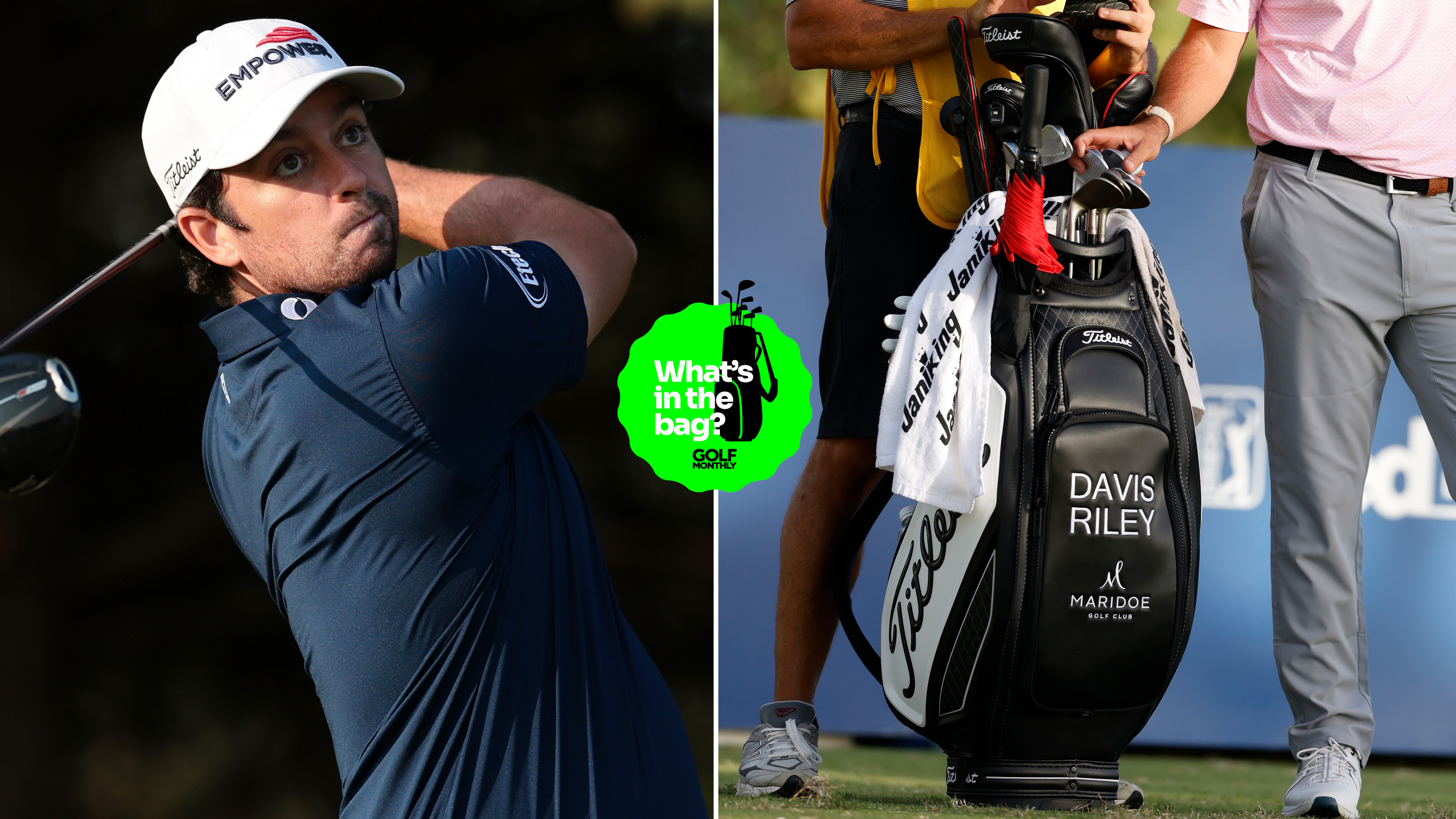 Davis Riley hits a driver off the tee, with a close up of his bag