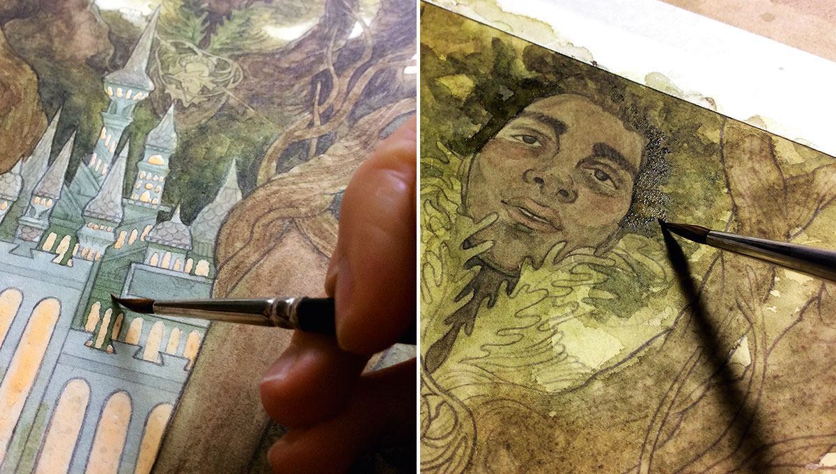 Use a wet brush on dry paper to paint in the details
