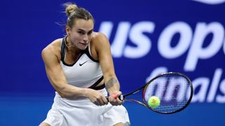 Aryna Sabalenka returns a shot during a match at the US Open.