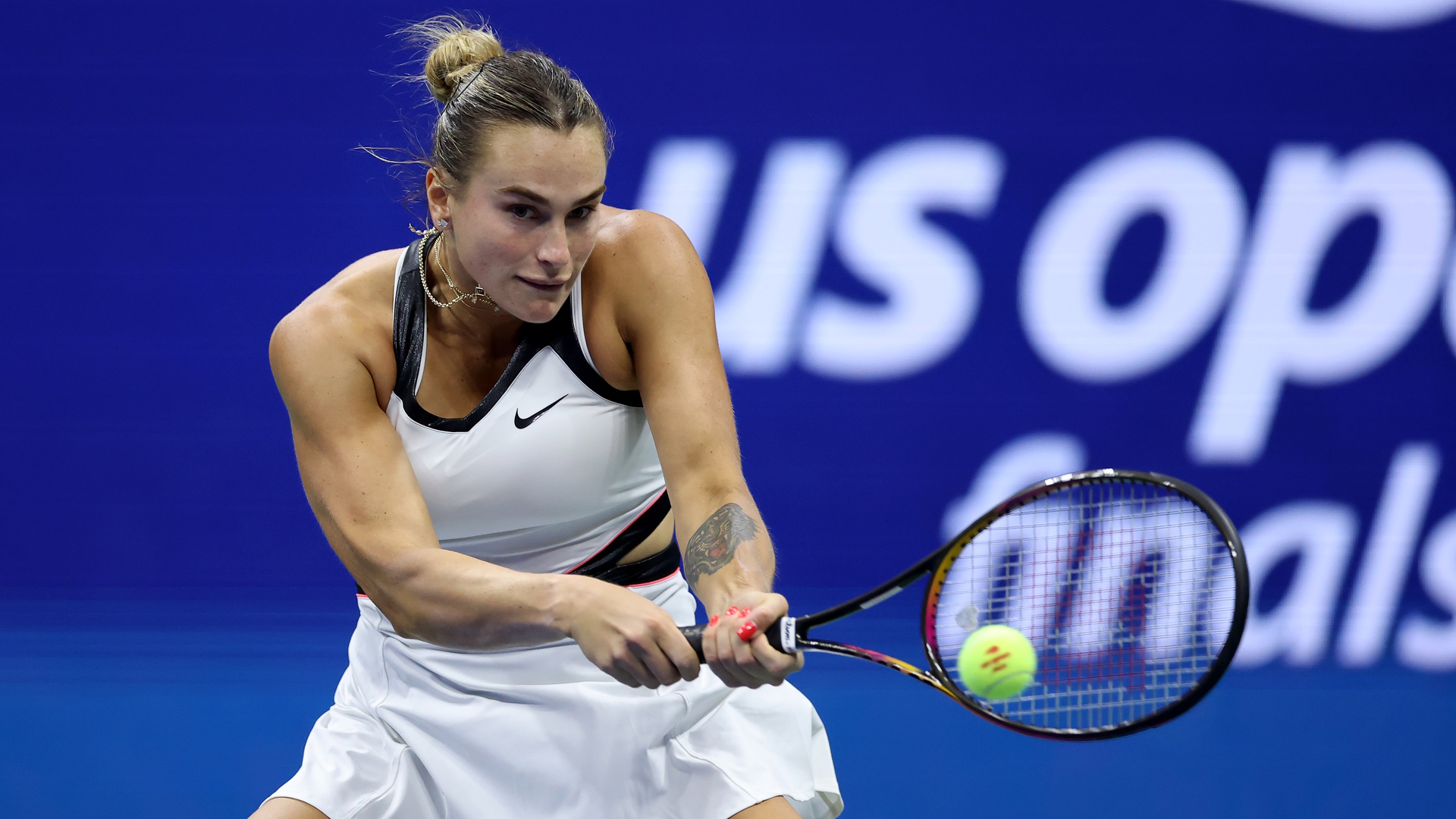 Aryna Sabalenka returns a shot during a match at the US Open.