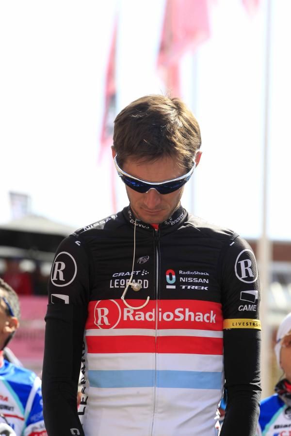 Frank Schleck (RadioShack-Nissan) during the minute's silence in honour of Wouter Weylandt.