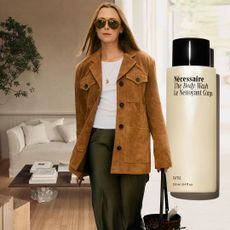 collage of interior design book Arranging Things by Colin King, a street style tar wearing a brown suede jacket, and Necessaire santal body wash