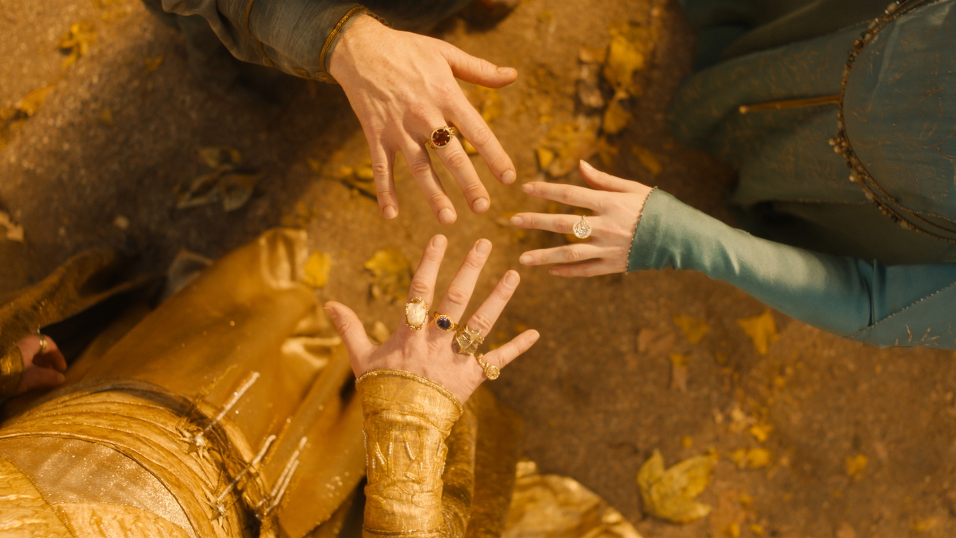 Gil-galad, Cirdan, and Galadriel show off the elven rings in The Rings of Power season 2