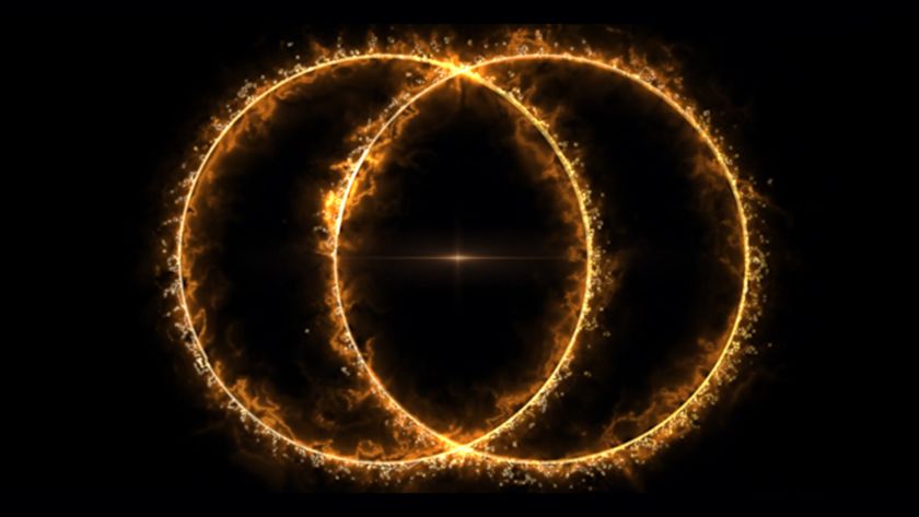 An image of two fiery overlapping rings on a black background