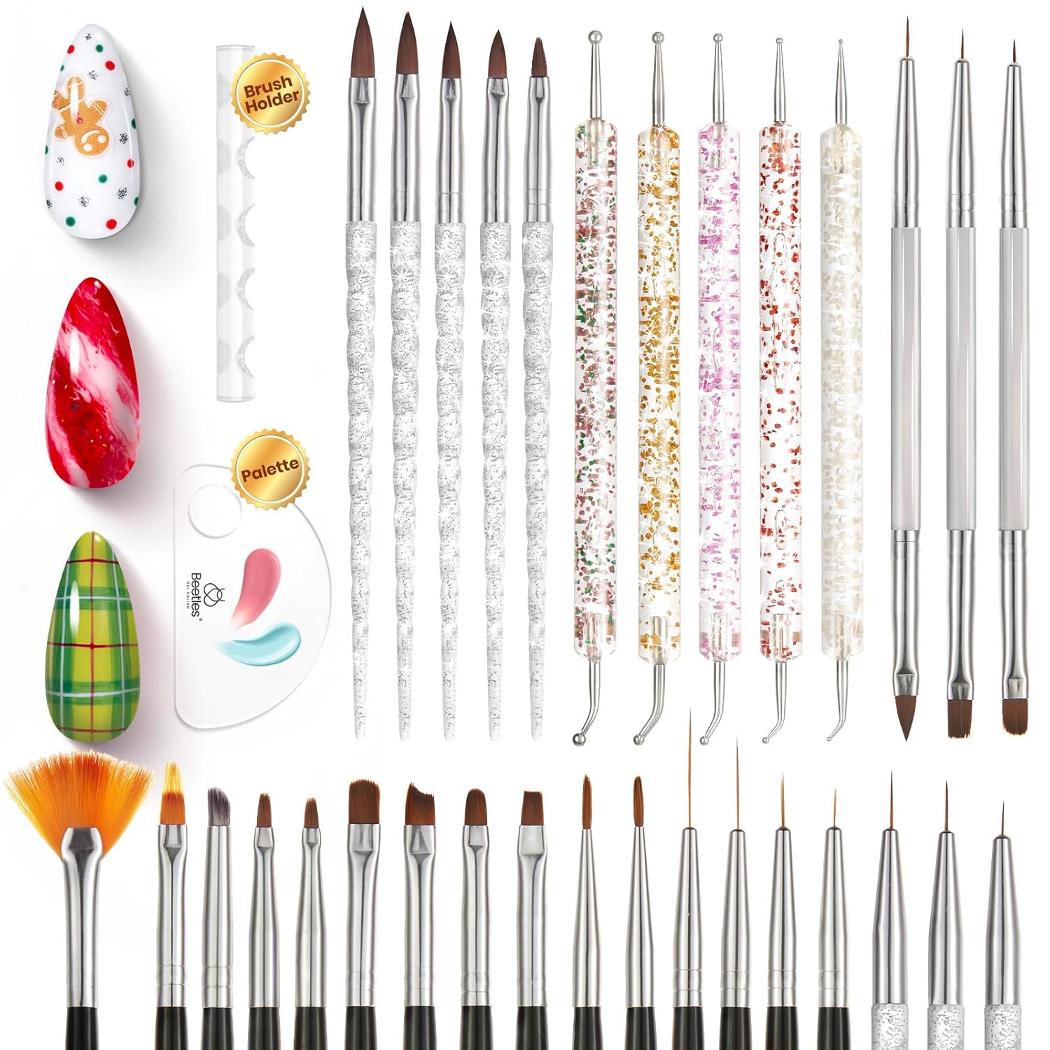 Beetles 31pcs Nail Art Brushes, Dotting Tools, Nail Art Pens, Dust Brush, Striping Liner Fingernail Drawing Pens With Palette Holder All in One for Starter Manicure Design Set