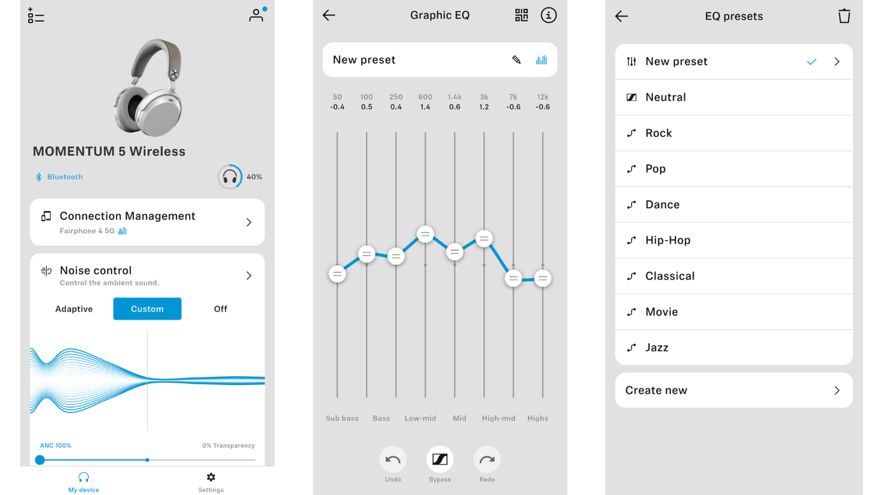 Screenshots of Sennheiser control app showing ANC and EQ options