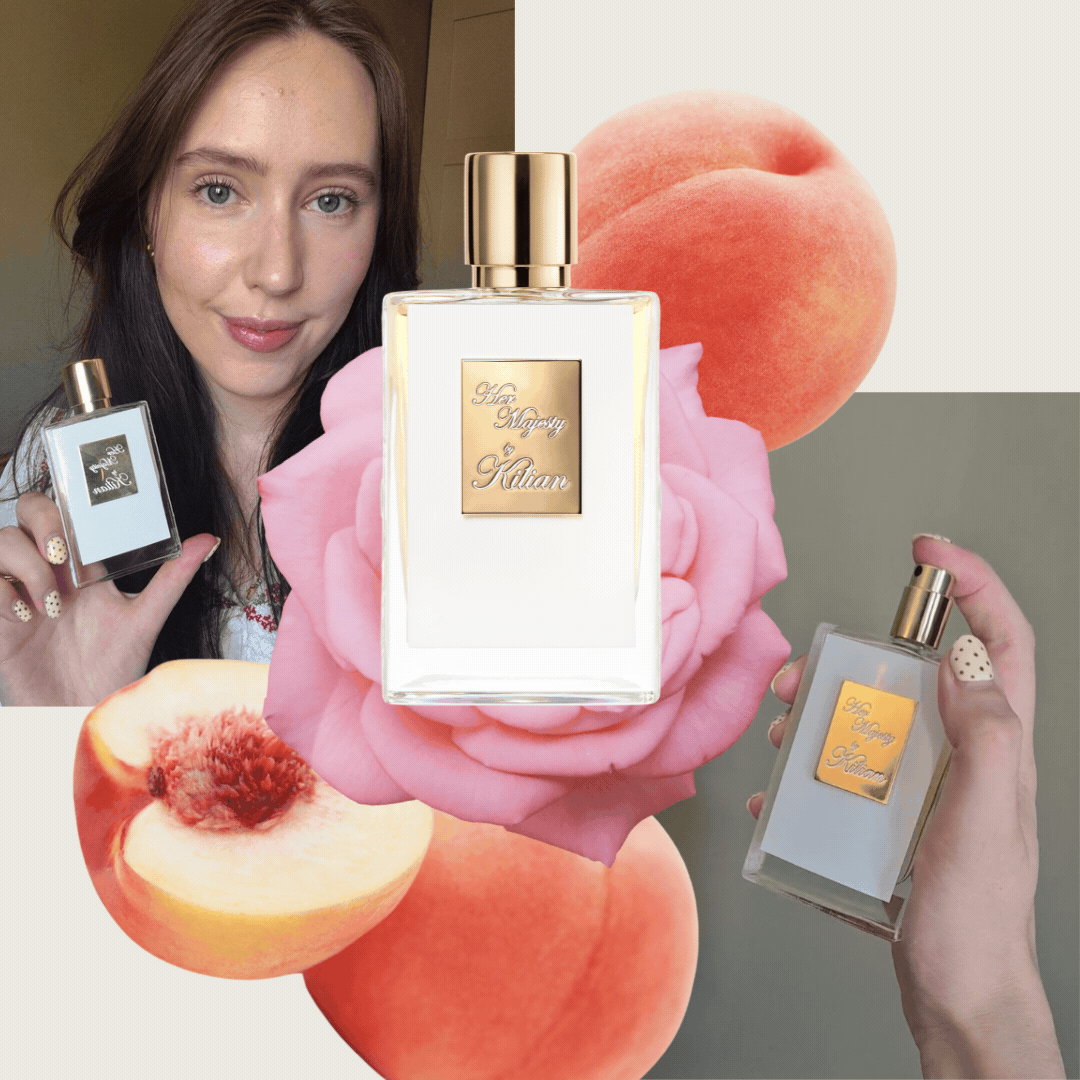 A picture of Digital Beauty Writer, Naomi Jamieson holding a bottle of Killian Paris' Her Majesty, in a collage featuring a product shot of the fragrance and stock images of roses and peaches, alongside a GIF of Naomi spraying the perfume.