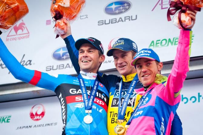 The 2013 Japan Cup podium: Jack Bauer (Garmin-Sharp), winner Michael Rogers (Saxo-Tinkoff) and Damiano Cunego (Lampre-Merida)