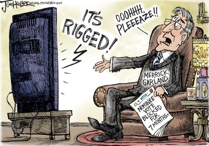 Political cartoon U.S. 2016 election Donald Trump rigged election Merrick Garland