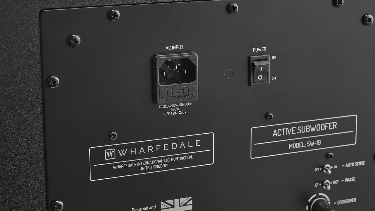 A close-up showing the power input and switch of the Wharfedale Diamond 12.1 Home Cinema Pack's subwoofer.