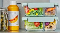 A stack of two glass bento food boxes with two compartments and blue lids on top of one another, filled with salad and vegetables, on a fridge shelf beside a bottle of yellow mustard. 