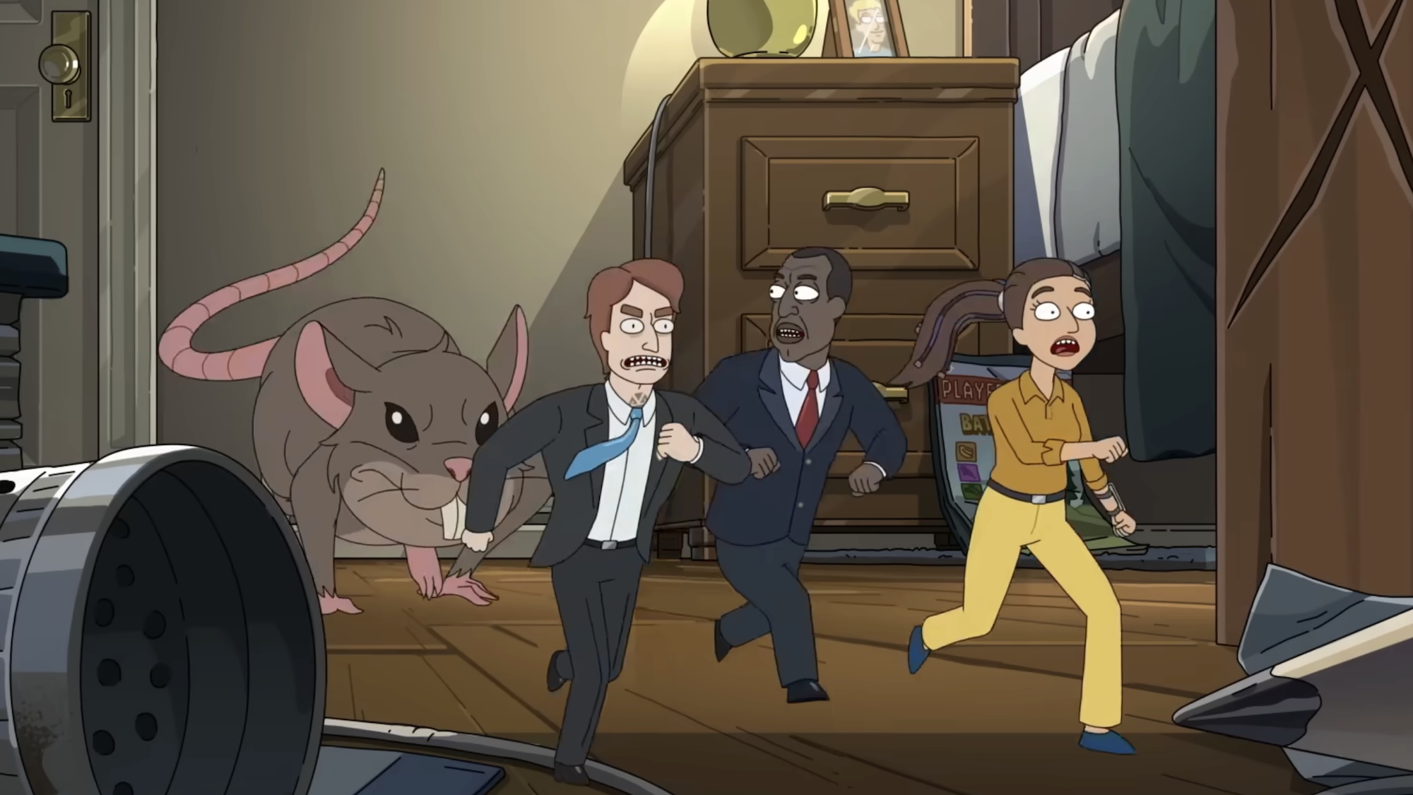 Miniaturized Curtis, O'Doyle and Banks running away from a mouse in President Curtis Season 1