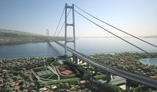 A mockup of the Messina Strait Bridge to connect Sicily and mainland Italy. 