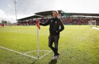 Humphrey Ker, the British comedian, actor and writer who was made executive director of Wrexham by new owners Ryan Reynolds and Rob McElhenney, poses for a picture on the pitch during warm up before the EFL League Two match between Wrexham and Salford City at StoK Cae Ras on October 14th 2023 in Wrexham, Wales