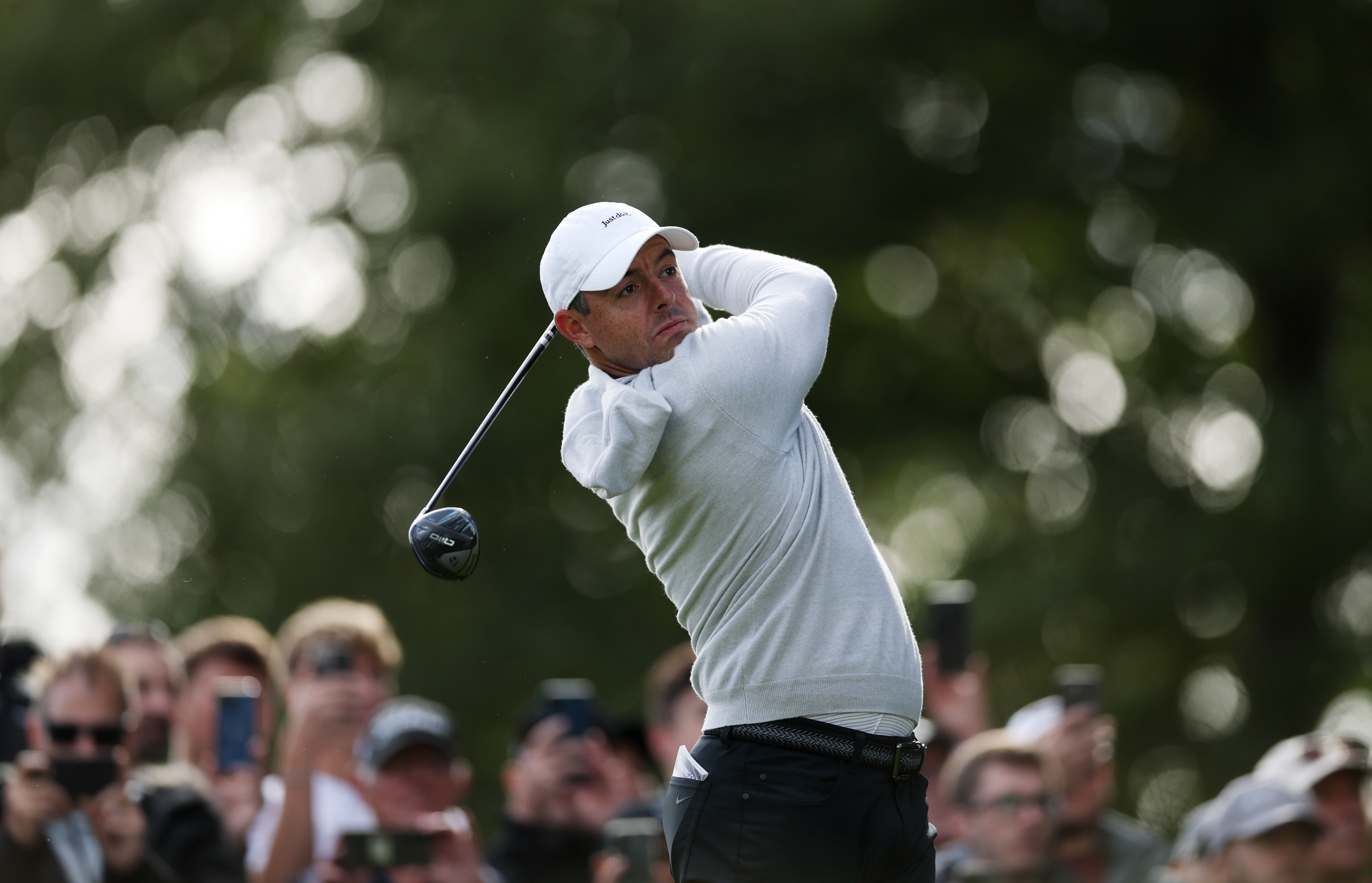 Rory McIlroy tees off on the ninth hole on day two of the BMW PGA Championship 2025 at Wentworth Golf Club