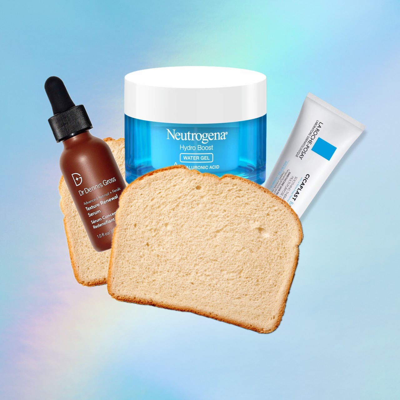 an edited photo featuring three skincare products sandwiched in between two pieces of white bread