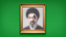 Illustration of a framed portrait of an Iranian ayatollah, blurred out and overlaid with an computer loading screen