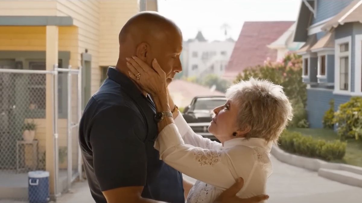 Rita Moreno holding Vin Diesel&#039;s face in Fast X