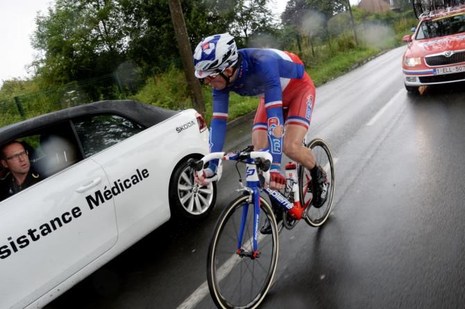 Arnaud D&eacute;mare (FDJ) drops back to see the race doctor