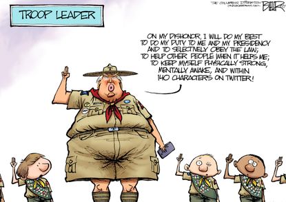 Political cartoon U.S. Trump boy scout speech Twitter