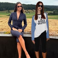 A collage of hailey bieber and emrata wearing pedal pushers and open-toe heeled mules.