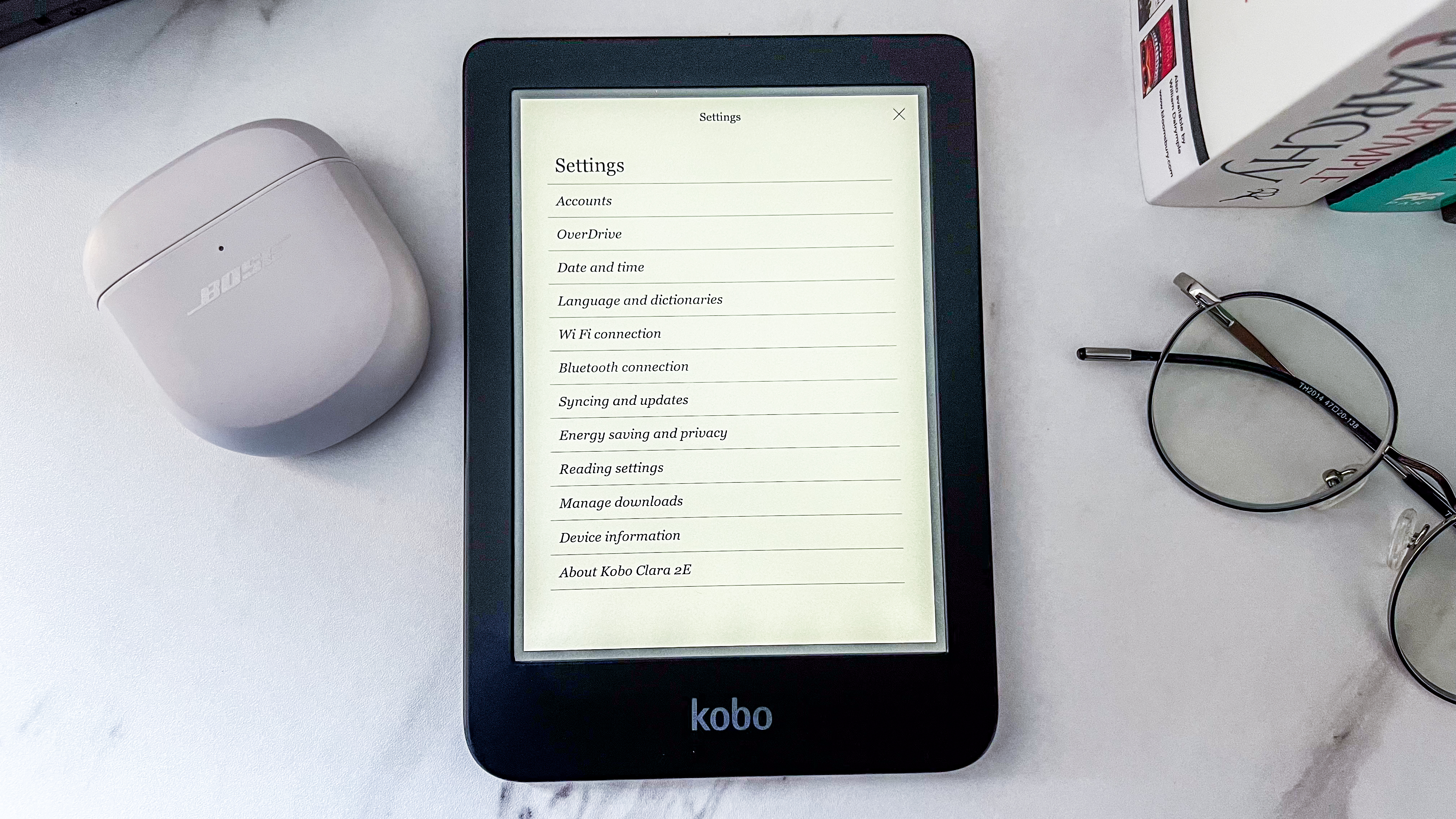 The settings pane on the Kobo Clara BW