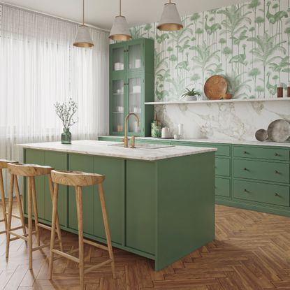 wooden kitchen floor ideas green and white kitchen with reclaimed wood flooring, green kitchen island and green cabinetry, wallpaper, voile curtains 