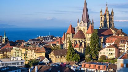 The Swiss city of Lausanne overlooking Lake Geneva 
