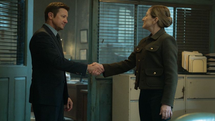 From left to right: Jeremy Renner shaking Edie Falco&#039;s hand. 